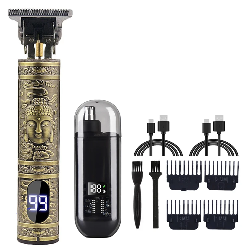 T9 Vintage Men's Electric Hair Clipper Beard Trimmer/Rechargeable Hair Cutting Machine With Nose Hair Trimmer Kit Boyfriend Gift - 图片 15
