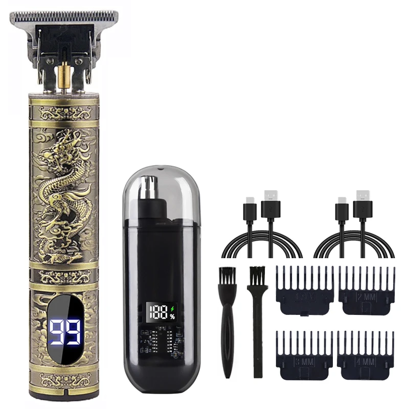 T9 Vintage Men's Electric Hair Clipper Beard Trimmer/Rechargeable Hair Cutting Machine With Nose Hair Trimmer Kit Boyfriend Gift - 图片 14